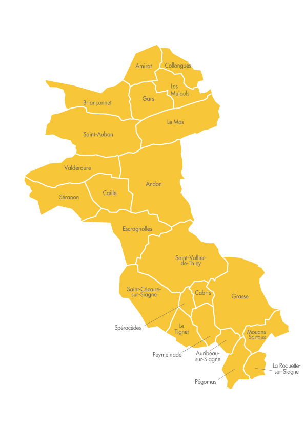 Amirat, Collongues, Les Mujouls, Le Mas, Gars, Briançonnet, Saint-Auban, Valderoure, Séranon, Caille, Andon, Escragnolles, Saint-Vallier-de-Thiey, Saint-Cézaire-sur-Siagne, Cabris, Spéracèdes, Le Tignet, Peymeinade, Grasse, Auribeau-sur-Siagne, Mouans-Sartoux, Pégomas, La Roquette-sur-Siagne